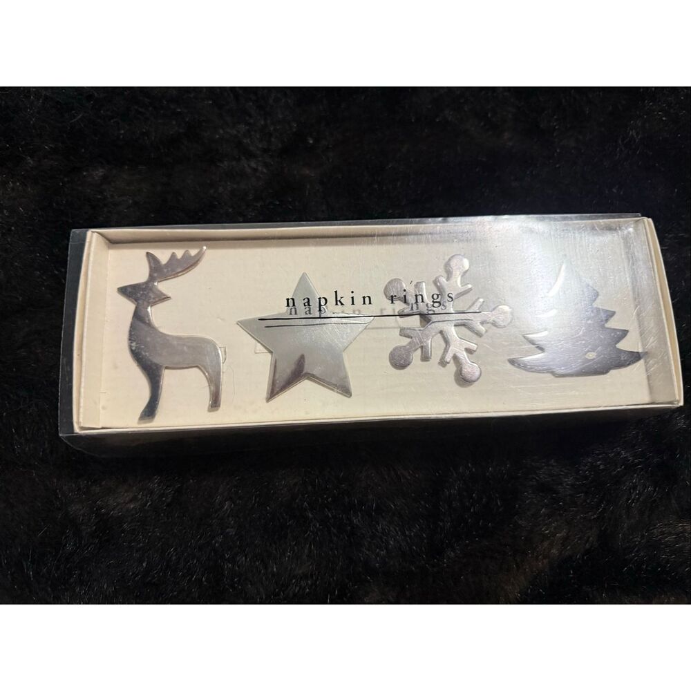 Pier 1 Napkin Ring Set Silverplated Reindeer Star Snowflake Tree Christmas